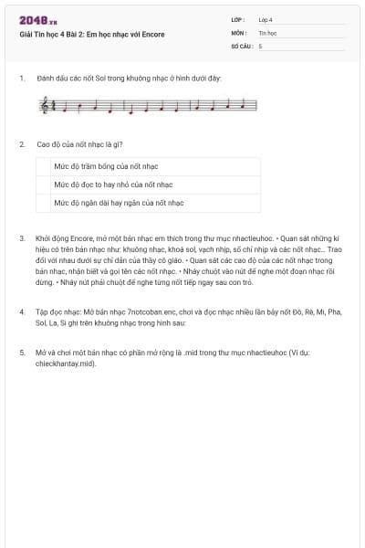 Giải Tin học 4 Bài 2: Em học nhạc với Encore