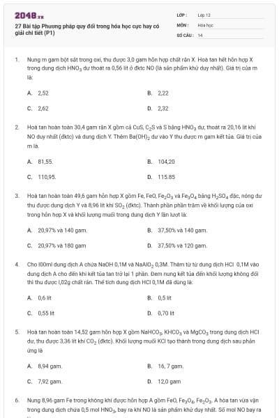 27 Bài tập Phương pháp quy đổi trong hóa học cực hay có giải chi tiết (P1)