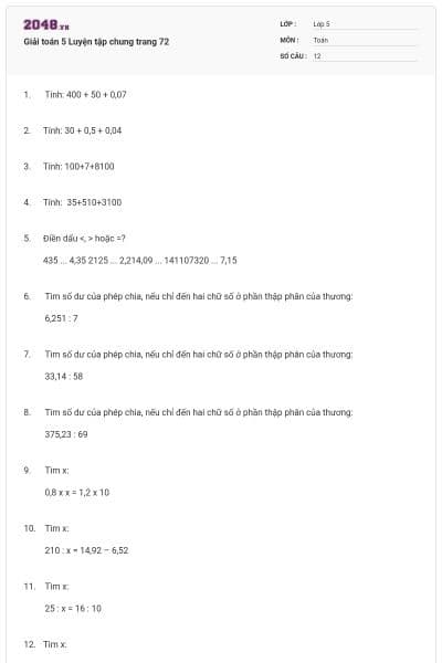 Giải toán 5 Luyện tập chung trang 72