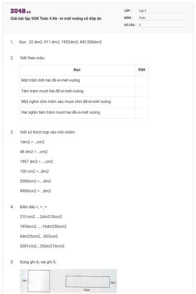 Giải bài tập SGK Toán 4 Đề -xi-mét vuông có đáp án