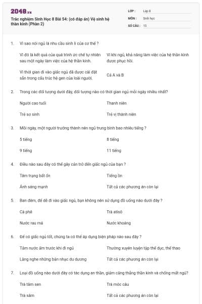 Trắc nghiệm Sinh Học 8 Bài 54: (có đáp án) Vệ sinh hệ thần kinh (Phần 2)