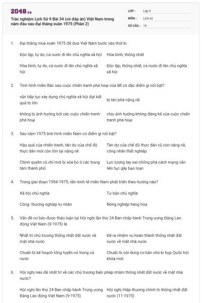 Trắc nghiệm Lịch Sử 9 Bài 34 (có đáp án) Việt Nam trong năm đầu sau đại thắng xuân 1975 (Phần 2)