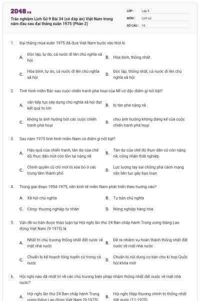 Trắc nghiệm Lịch Sử 9 Bài 34 (có đáp án) Việt Nam trong năm đầu sau đại thắng xuân 1975 (Phần 2)