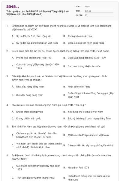 Trắc nghiệm Lịch Sử 9 Bài 37 (có đáp án) Tổng kết lịch sử Việt Nam đến năm 2000 (Phần 2)