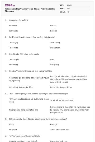 Trắc nghiệm Ngữ Văn lớp 11: (có đáp án) Phân tích bài thơ Thương vợ