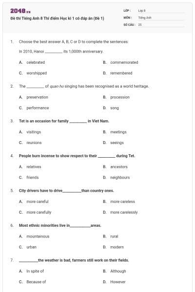 Đề thi Tiếng Anh 8 Thí điểm Học kì 1 có đáp án (Đề 1)