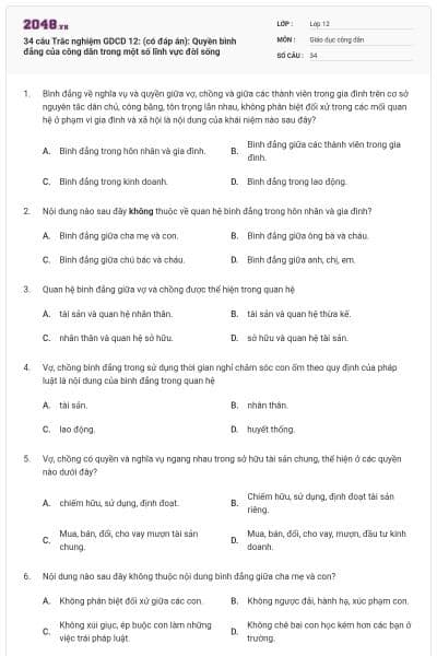 34 câu Trắc nghiệm GDCD 12: (có đáp án): Quyền bình đẳng của công dân trong một số lĩnh vực đời sống