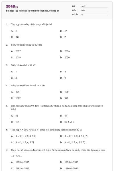 Bài tập: Tập hợp các số tự nhiên chọn lọc, có đáp án