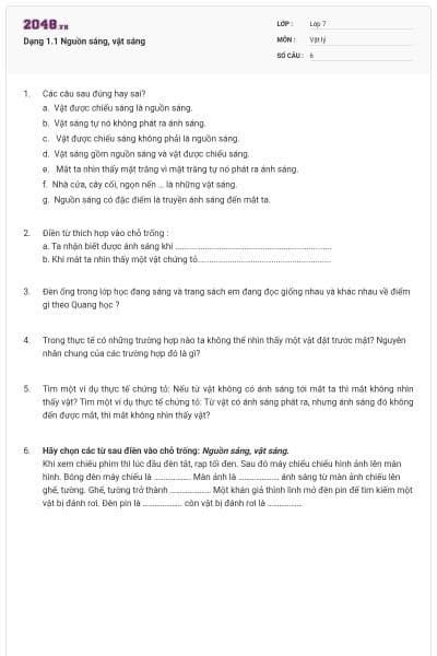 Dạng 1.1 Nguồn sáng, vật sáng