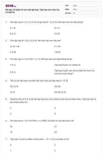 Bài tập: Số phần tử của một tập hợp. Tập hợp con chọn lọc, có đáp án
