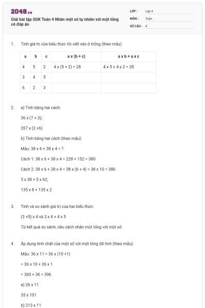 Giải bài tập SGK Toán 4 Nhân một số tự nhiên với một tổng có đáp án