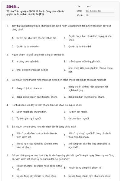70 câu Trắc nghiệm GDCD 12 Bài 6: Công dân với các quyền tự do cơ bản có đáp án (P1)