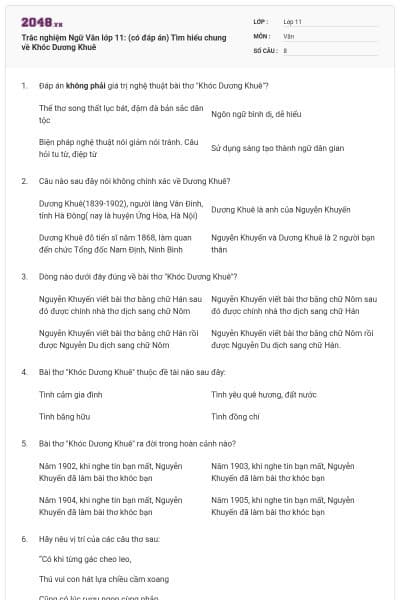 Trắc nghiệm Ngữ Văn lớp 11: (có đáp án) Tìm hiểu chung về Khóc Dương Khuê