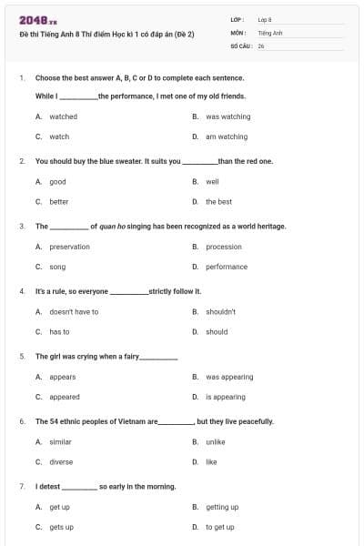 Đề thi Tiếng Anh 8 Thí điểm Học kì 1 có đáp án (Đề 2)