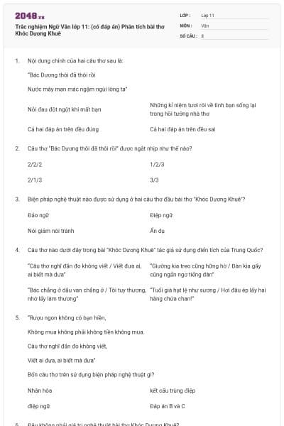 Trắc nghiệm Ngữ Văn lớp 11: (có đáp án) Phân tích bài thơ Khóc Dương Khuê