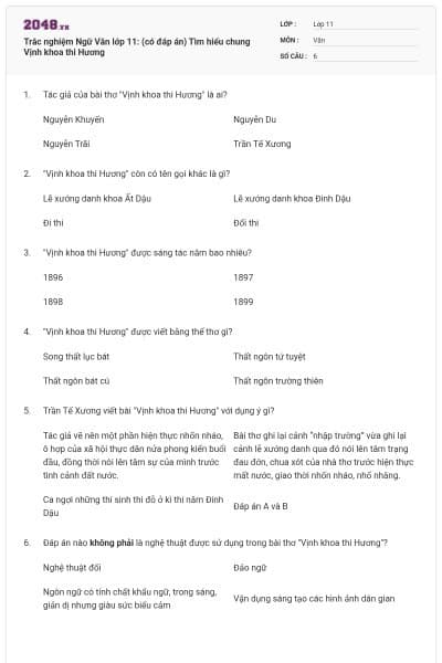 Trắc nghiệm Ngữ Văn lớp 11: (có đáp án) Tìm hiểu chung Vịnh khoa thi Hương