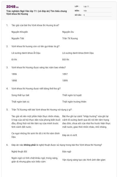 Trắc nghiệm Ngữ Văn lớp 11: (có đáp án) Tìm hiểu chung Vịnh khoa thi Hương