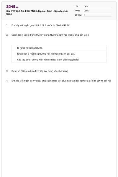 Giải VBT Lịch Sử 4 Bài 21(Có đáp án): Trịnh - Nguyễn phân tranh