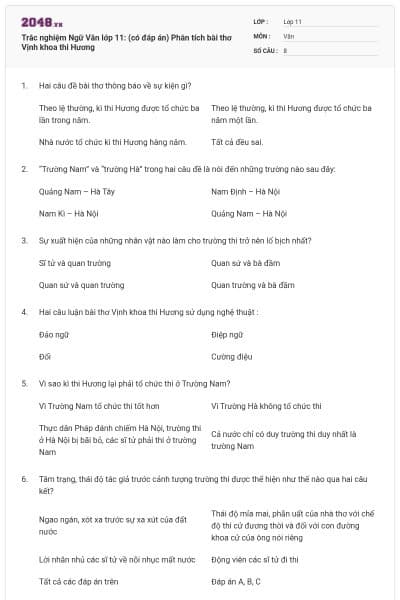 Trắc nghiệm Ngữ Văn lớp 11: (có đáp án) Phân tích bài thơ Vịnh khoa thi Hương