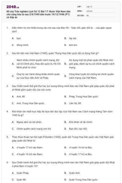 80 câu Trắc nghiệm Lịch Sử 12 Bài 17: Nước Việt Nam dân chủ cộng hòa từ sau 2/9/1945 đến trước 19/12/1946 (P1) có đáp án