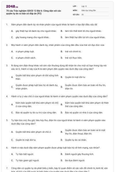 70 câu Trắc nghiệm GDCD 12 Bài 6: Công dân với các quyền tự do cơ bản có đáp án (P2)