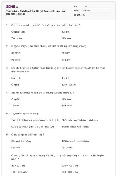 Trắc nghiệm Sinh Học 8 Bài 60: (có đáp án) Cơ quan sinh dục nam (Phần 2)