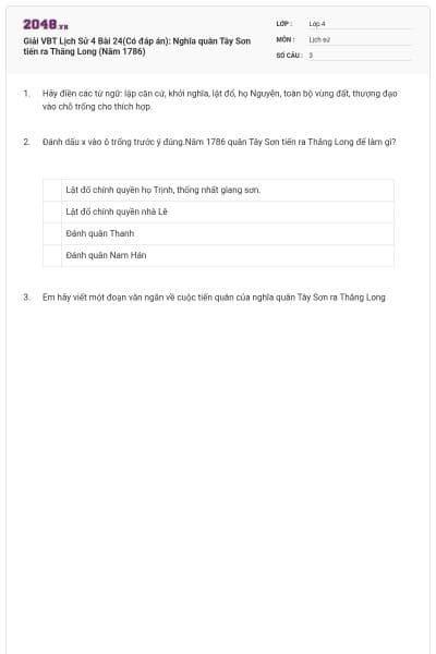 Giải VBT Lịch Sử 4 Bài 24(Có đáp án): Nghĩa quân Tây Sơn tiến ra Thăng Long (Năm 1786)
