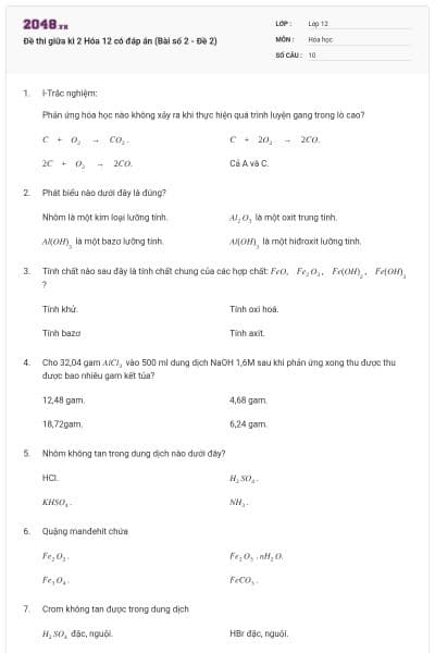 Đề thi giữa kì 2 Hóa 12 có đáp án (Bài số 2 - Đề 2)