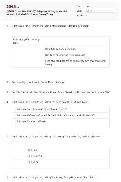 Giải VBT Lịch Sử 4 Bài 26(Có đáp án): Những chính sách về kinh tế và văn hóa của vua Quang Trung