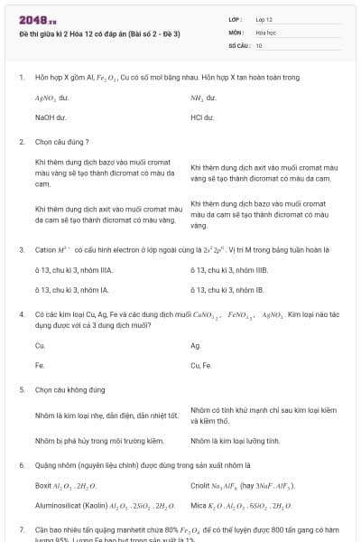 Đề thi giữa kì 2 Hóa 12 có đáp án (Bài số 2 - Đề 3)
