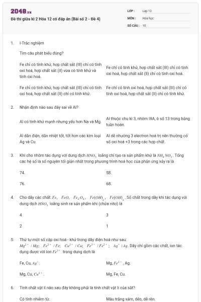 Đề thi giữa kì 2 Hóa 12 có đáp án (Bài số 2 - Đề 4)