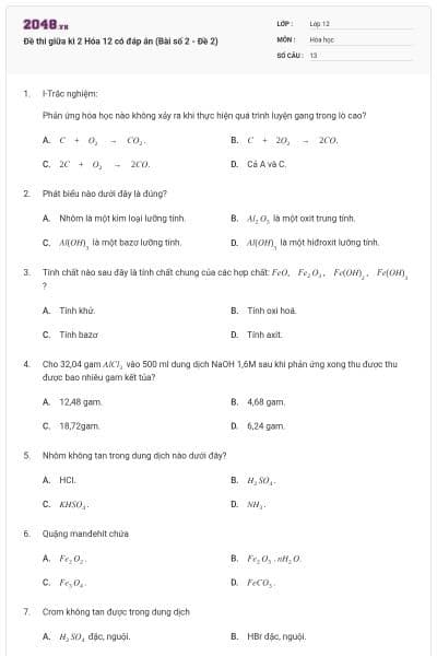 Đề thi giữa kì 2 Hóa 12 có đáp án (Bài số 2 - Đề 2)