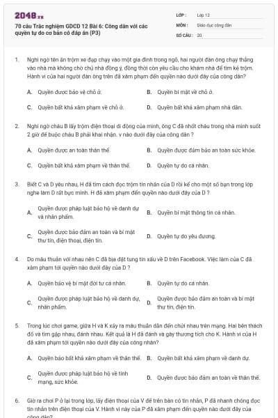70 câu Trắc nghiệm GDCD 12 Bài 6: Công dân với các quyền tự do cơ bản có đáp án (P3)