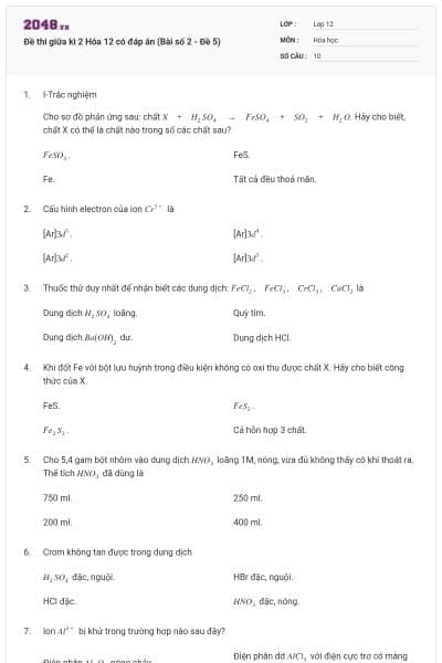 Đề thi giữa kì 2 Hóa 12 có đáp án (Bài số 2 - Đề 5)