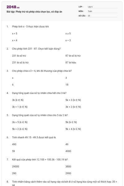 Bài tập: Phép trừ và phép chia chọn lọc, có đáp án