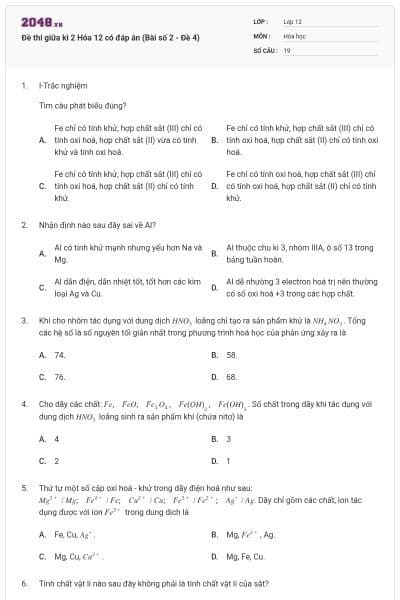 Đề thi giữa kì 2 Hóa 12 có đáp án (Bài số 2 - Đề 4)