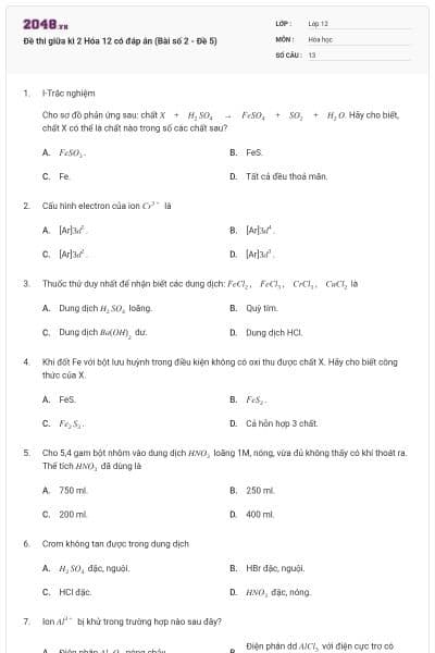 Đề thi giữa kì 2 Hóa 12 có đáp án (Bài số 2 - Đề 5)