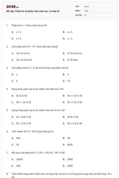Bài tập: Phép trừ và phép chia chọn lọc, có đáp án