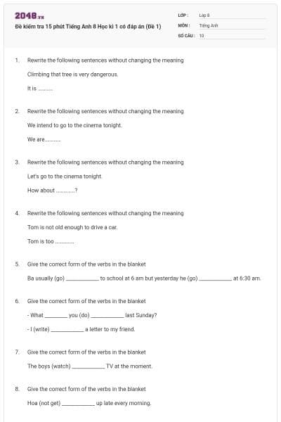 Đề kiểm tra 15 phút Tiếng Anh 8 Học kì 1 có đáp án (Đề 1)