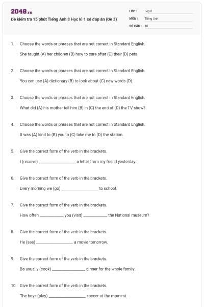 Đề kiểm tra 15 phút Tiếng Anh 8 Học kì 1 có đáp án (Đề 3)