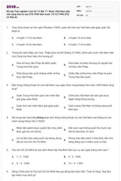 80 câu  Trắc nghiệm Lịch Sử 12 Bài 17: Nước Việt Nam dân chủ cộng hòa từ sau 2/9/1945 đến trước 19/12/1946 (P3) có đáp án
