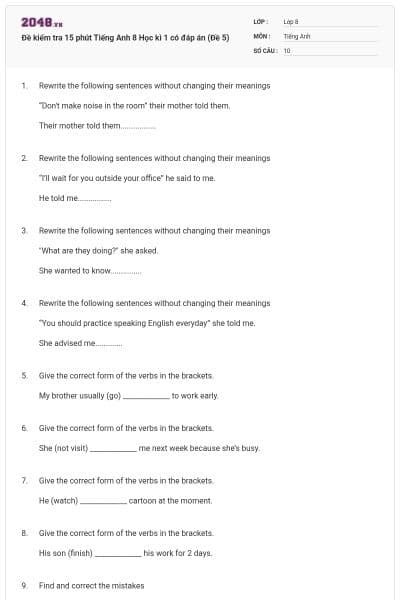 Đề kiểm tra 15 phút Tiếng Anh 8 Học kì 1 có đáp án (Đề 5)