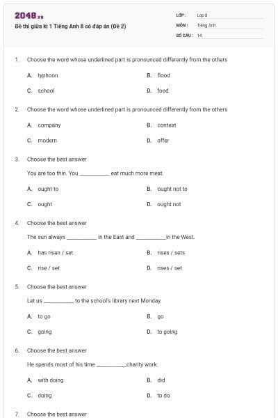 Đề thi giữa kì 1 Tiếng Anh 8 có đáp án (Đề 2)
