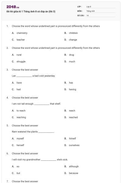 Đề thi giữa kì 1 Tiếng Anh 8 có đáp án (Đề 3)