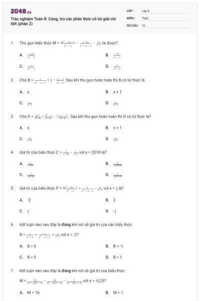 Trắc nghiệm Toán 8: Cộng, trừ các phân thức có lời giải chi tiết (phần 2)