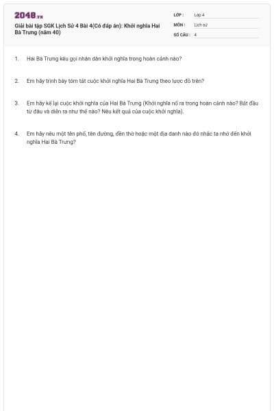Giải bài tập SGK Lịch Sử 4 Bài 4(Có đáp án): Khởi nghĩa Hai Bà Trưng (năm 40)