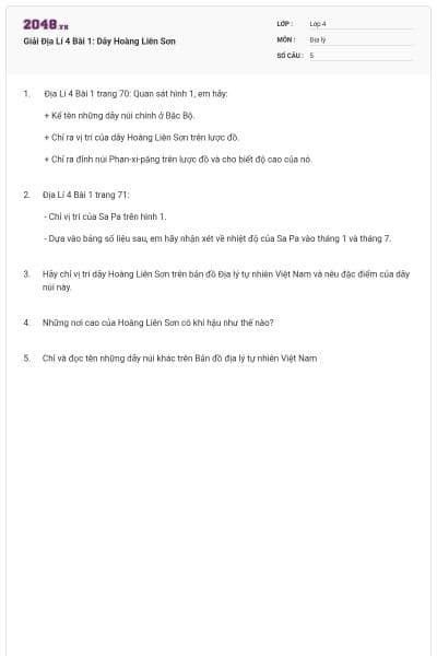 Giải Địa Lí 4 Bài 1: Dãy Hoàng Liên Sơn