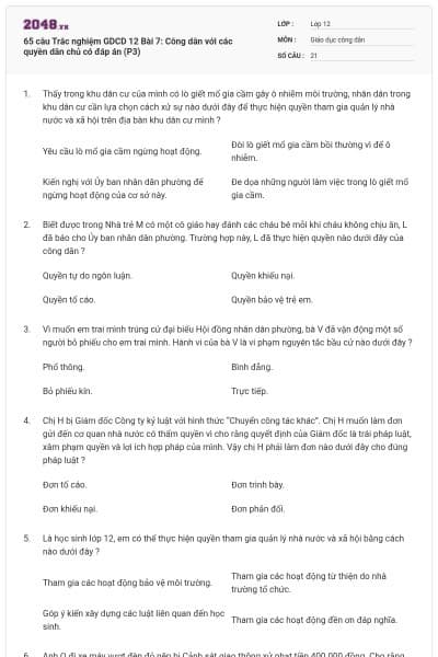 65 câu Trắc nghiệm GDCD 12 Bài 7: Công dân với các quyền dân chủ có đáp án (P3)