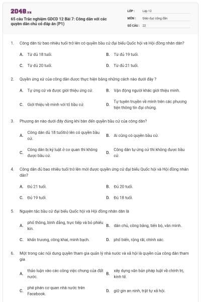 65 câu Trắc nghiệm GDCD 12 Bài 7: Công dân với các quyền dân chủ có đáp án (P1)