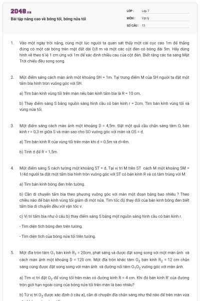 Bài tập nâng cao về bóng tối, bóng nửa tối